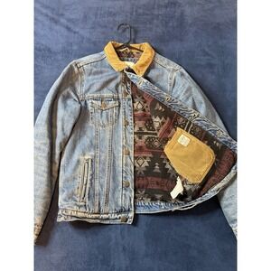 Pull&Bear Denim Jacket Aztec Blanket Lined Corduroy Collar Blue Mens Small